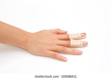 Broken Finger In A Splint  On White Background