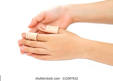 Broken Finger In A Splint  On White Background