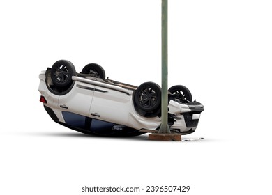 A broken flip white car because of the crash accident isolated over a white background