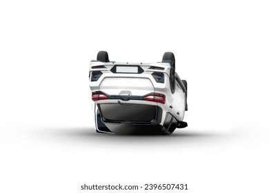A broken flip white car because of the crash accident isolated over a white background