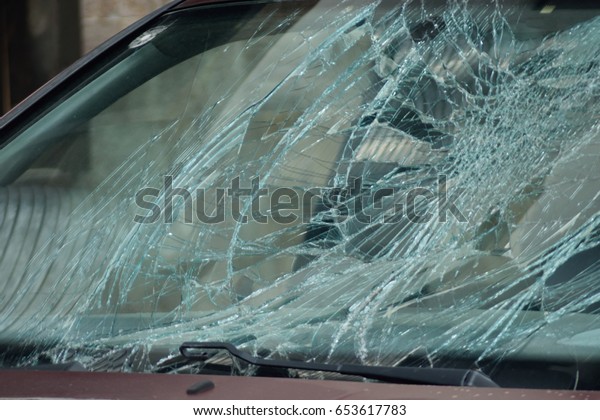 Broken front window of a
car