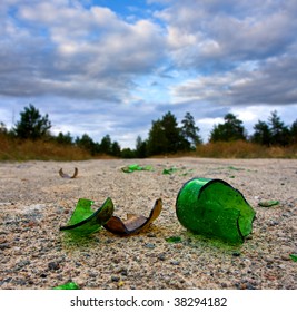 Broken Glass Bottle On Road