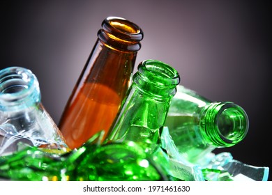 Broken Glass Bottles And Pieces Of Glass. Recycling.