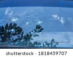 broken glass. Car glass cracked from an accident. Armored glass after impact. glass reinforced with a film after being hit by a bullet.