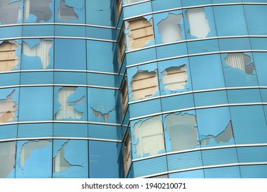 Broken Glass Of A Commercial Building In Hong Kong After Typhoon Made Landfall