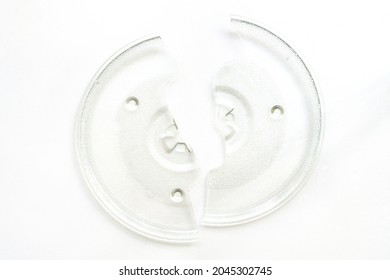 Broken Glass Heat Resistant Round Plate On White Background, Flat Lay Template.