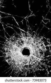 Broken Glass Isolated On Black - Authentic Bullet Hole - Close Up