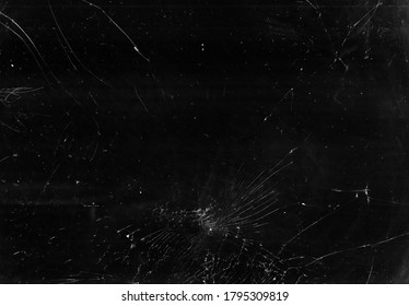 Broken Glass Overlay. Aged Texture. Black Cracked TV Screen With White Dust Scratches Effect.