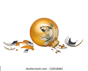 Broken Golden Christmas decorations on a white background