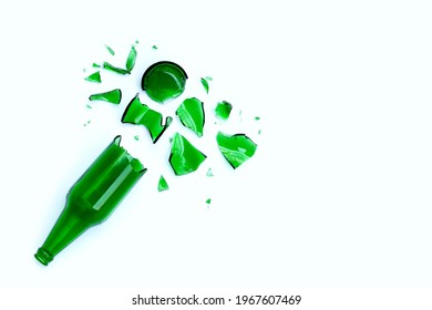 Broken Green Bottle, Glass Shards Isolated On White Background. 