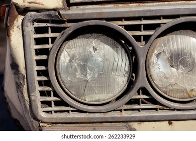 Broken Headlight Of Rusty Old VAZ 2106 Zhiguli Car