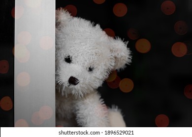 Broken Heart Or Loneliness Concept. Alone Teddy Bear Sit By The Door With Blur Bokeh. Symbol For Neglect, Sadness, Solitary, Disappointed.