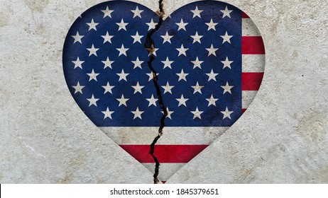 The Broken Heart Shape Of USA National Flag Symbol Isolated On Cracked Weathered Concrete Wall Background, Abstract American Politics Economy Conflicts Concept Wallpaper