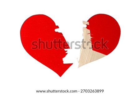 Broken Heart Split in Two Red Heart With Wooden Shard isolated on a white background