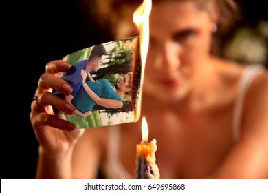Broken Heart Woman. Couple Break Up. Sad Bride On Unhappy Wedding. Woman And Groom Quarrel. Girl With Vengeful Look Burns In Fire Candle Family Pictures. Portrait Crying Female.