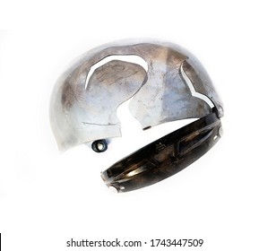 Broken helmet after accident on a white background. Safety and road accidents