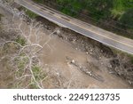 Broken Highway road damaged Destroyed Flooded River, Ojai, California, Ventura River disaster Rain Storm