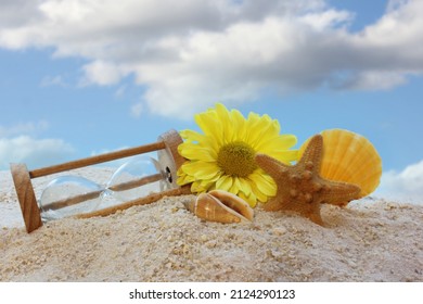 Broken Hourglass With Sea Shells and Flower on Beach With Blue Sky