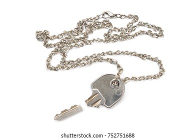 Broken House Key On Chain Isolated On White Background 