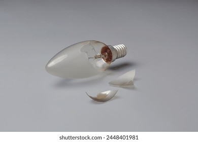 broken incandescent light bulb with pieces isolated gray background, exposed filament materials and glass shards, selective focus with copy space - Powered by Shutterstock