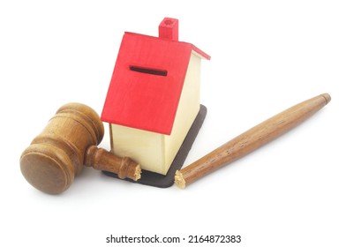 Broken Judge Gavel And House Model Isolated On White Background. 