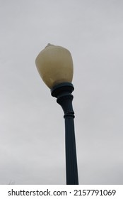 Broken Lamp Post With Light Sitting Crooked At The Top