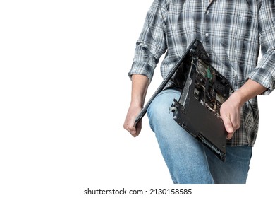 Broken laptop, knee, jeans, equipment breakdown, man on a white background