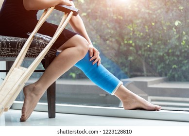 Broken legs with soft plaster. Care for body when fracture. Self-help medical care. Healthcare and Medical concept.