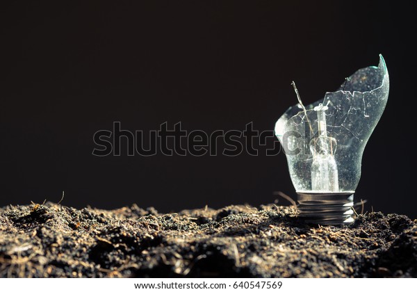 Broken light bulb on\
soil