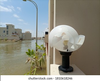 A Broken Light Fixture At Flooded Housing Society Of Naya Nazimabad. Karachi Pakistan - Sep 2020