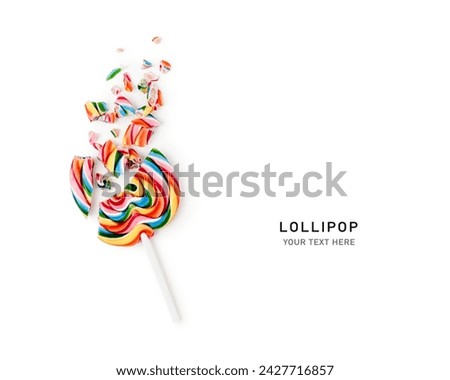 Broken lollipop isolated on white background. Smashed candy arrangement. Mishap concept. Creative layout. Top view, flat lay. Design element
