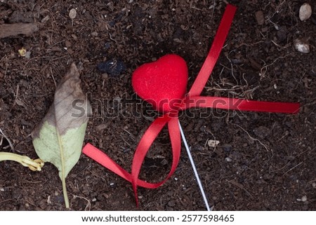 Broken love concept: A red heart-shaped plush with a ribbon lies on dark soil beside a withered leaf, symbolizing lost romance, heartbreak, or fading emotions. Perfect for emotional storytelling.