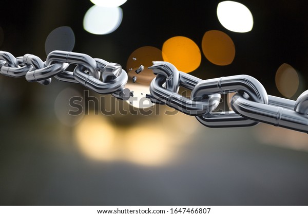 The broken metal\
chain on bokeh background