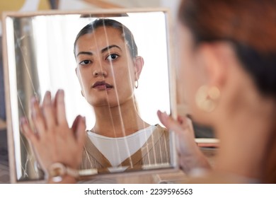 Broken mirror, bipolar woman and reflection of anxiety, depression or psychology, identity crisis or schizophrenia. Depressed face, sad girl and cracked mirror with mental health, problem and persona