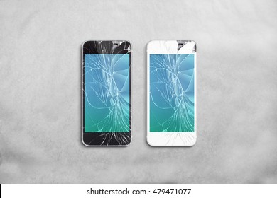 Broken mobile phone screen, black, white, clipping path. Smartphone display crack mockup. Cellphone crashed and scratch. Telephone monitor glass hit. Device destroyed. Smash gadget, need repair.