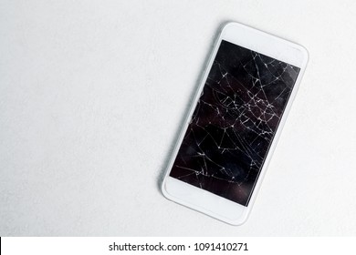 Broken Mobile Phone Screen, Scattered Shards. Smartphone Monitor Damage Mock Up. Cellphone Crash And Scratch. Telephone Display Glass Hit. Device Destroy Problem. Smash Gadget, Need Repair.