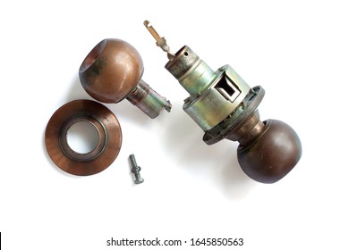 The Broken Old Doorknob And Knot Isolated On White Background Included Clipping Path.