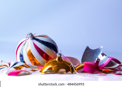 Broken Old Vintage Christmas Balls. Crashed  Baubles.