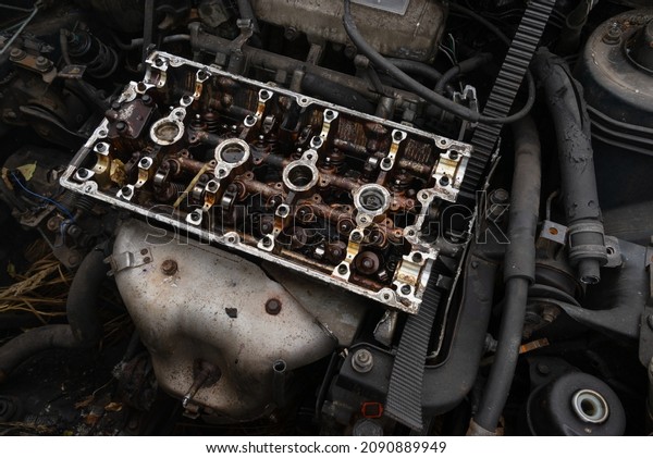Broken\
open Cracked car auto engine, damaged bare\
detail