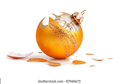 Broken Orange Christmas decorations on a white background
