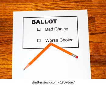 Broken pencil on a fake ballot showing only bad choices