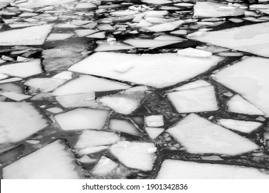 Broken Pieces Of Ice Float In Lake Michigan In Milwaukee, Wisconsin.