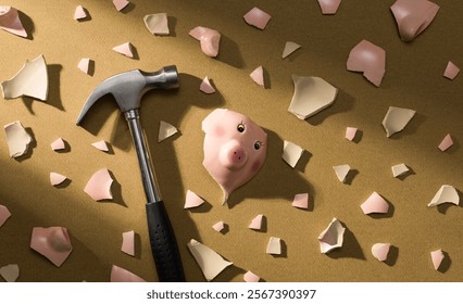 Broken piggy bank, hammer and shattered pieces on the floor: failure, crisis and emergency funds concept