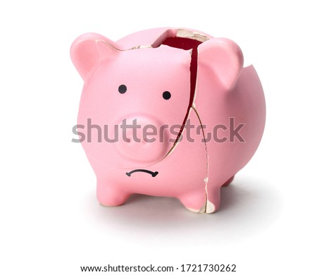 Broken piggy bank isolated on white background.