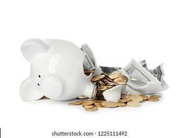 Broken Piggy Bank With Money Isolated On White