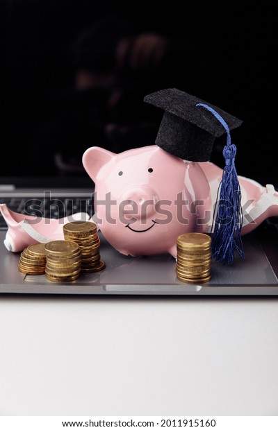 Broken pink piggy bank in cap on\
laptop. Vertical image. Savings for education\
concept