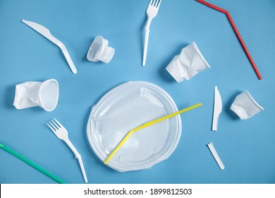 Broken Plastic Plate, Fork, Knife And Cup. No Plastic