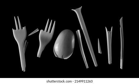 Broken Plastic White Fork And Spoon, Pieces Isolated On Black  