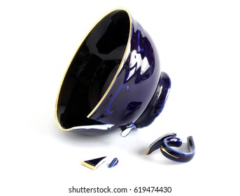 Broken Porcelain Cobalt Blue Cup On White 