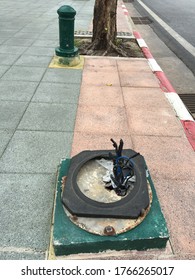 A Broken Power Pole On The Street, Bangkok, Thailand.